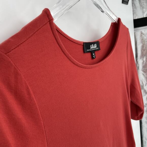 Lulu’s Asymmetrical Bodycon Dress Medium Short Sleeve Fitted Ruched Rust Brick - Picture 6 of 8